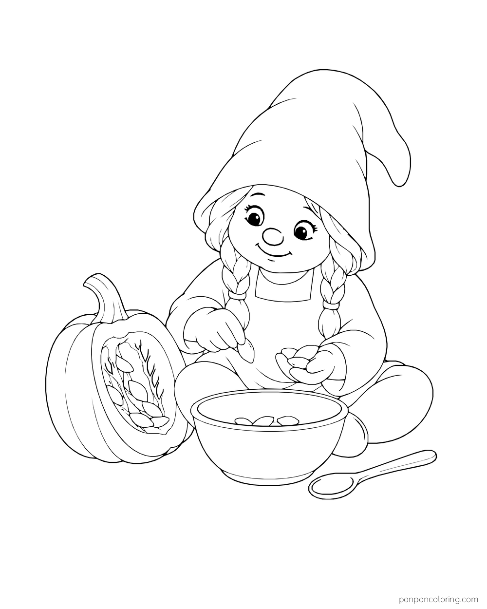 Braided gnome sorting seeds from a cut pumpkin into a bowl, with a spoon beside it.