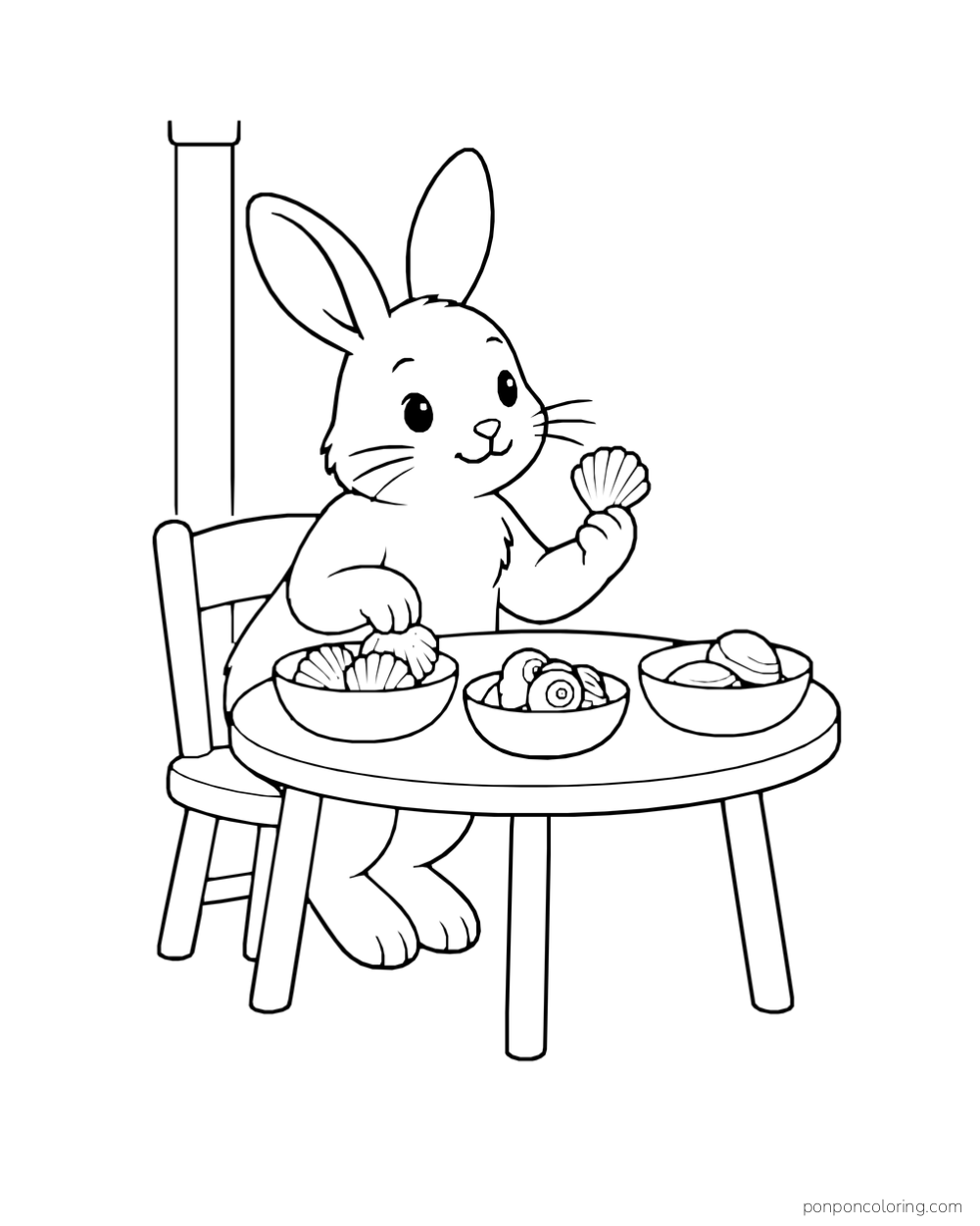 A rabbit at a round table holds a scallop shell above three bowls of shells.