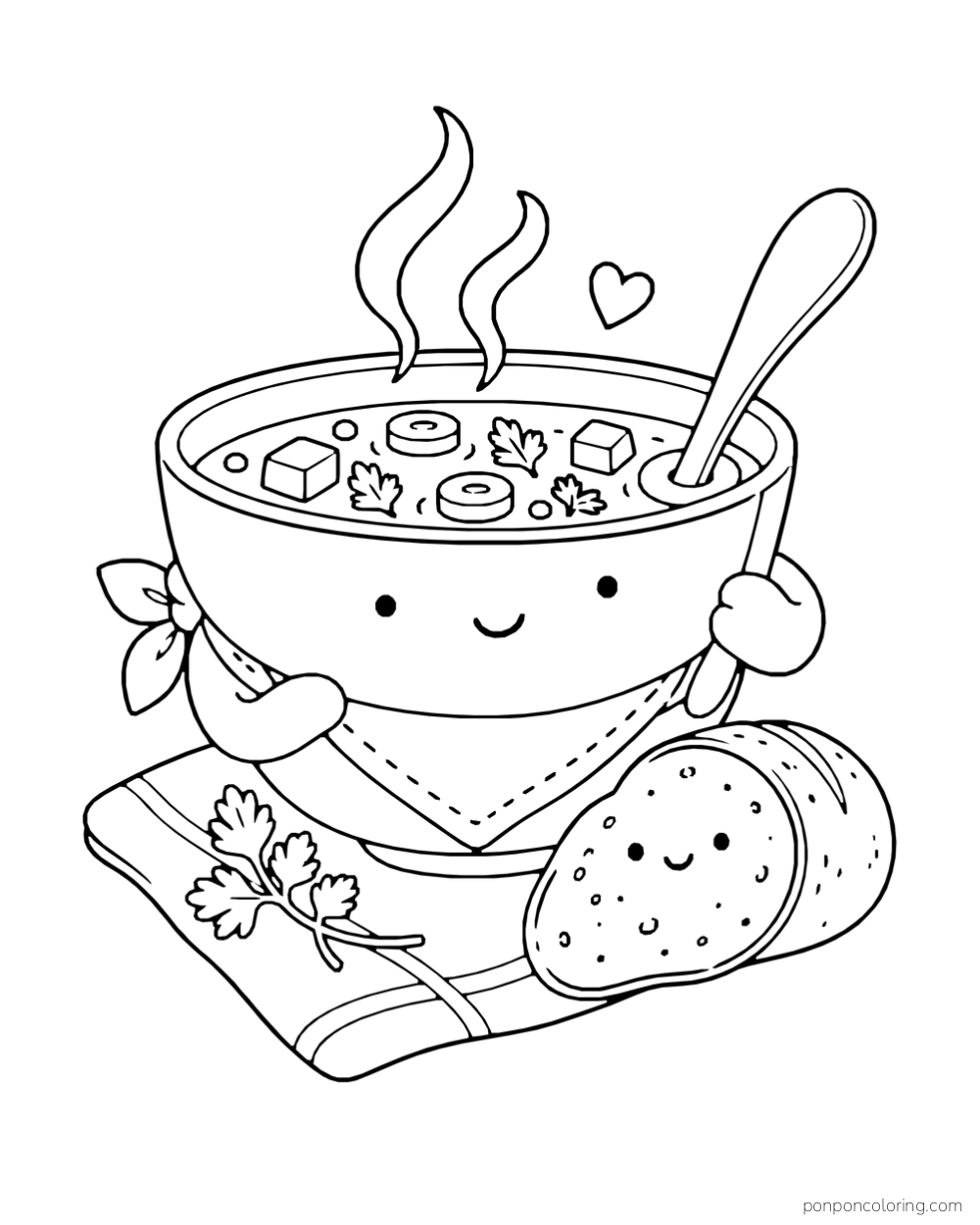 A smiling soup bowl holds a spoon and wears a neckerchief beside two slices of bread.