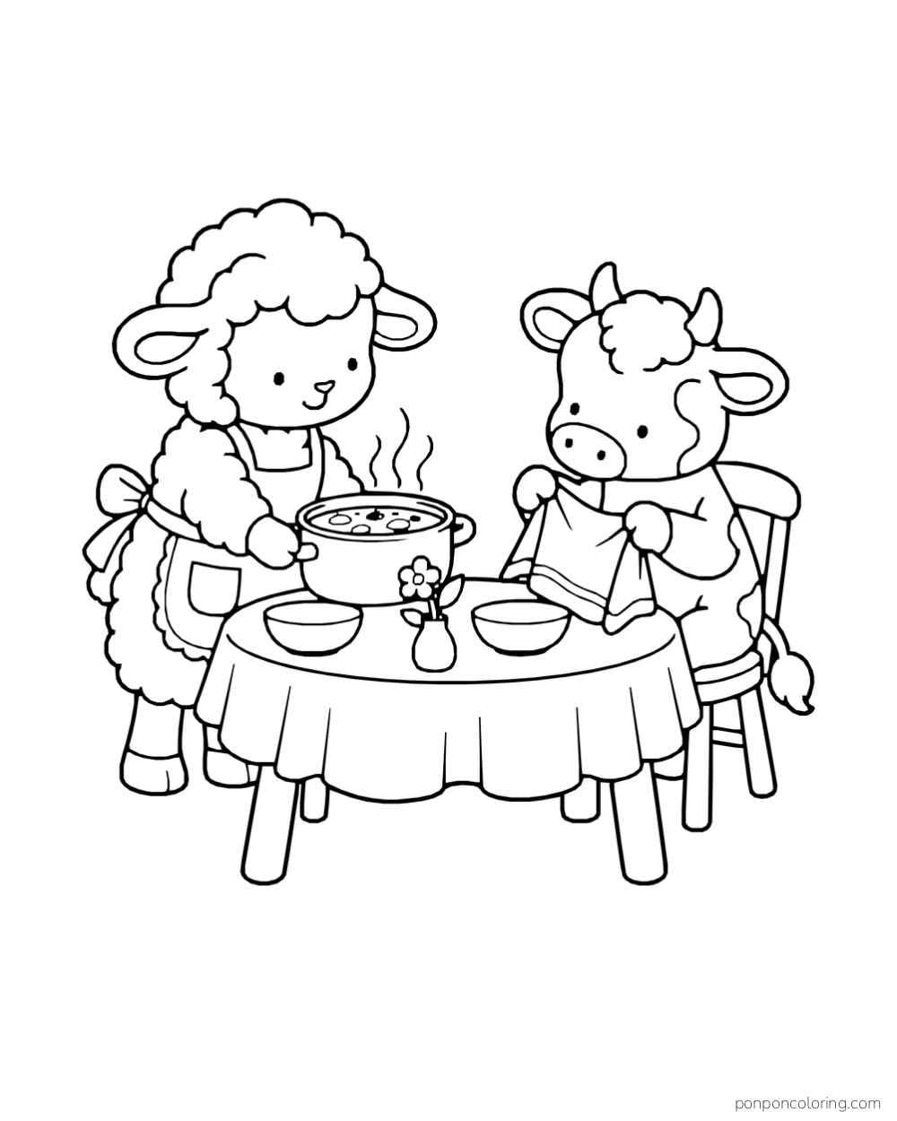 A sheep holds a soup bowl while a calf holds a napkin.