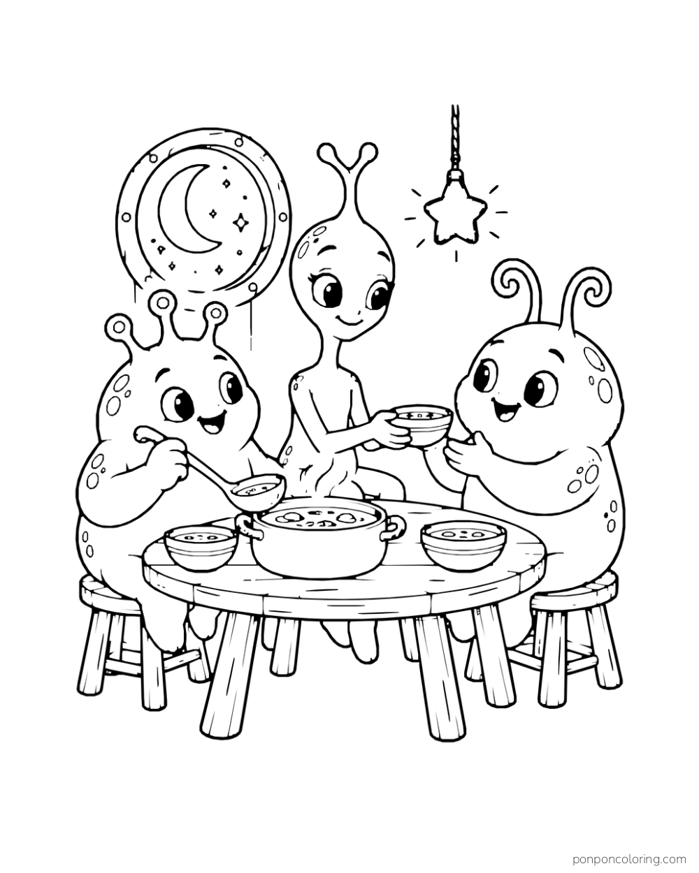 Three different aliens share bowls of soup around a round table.