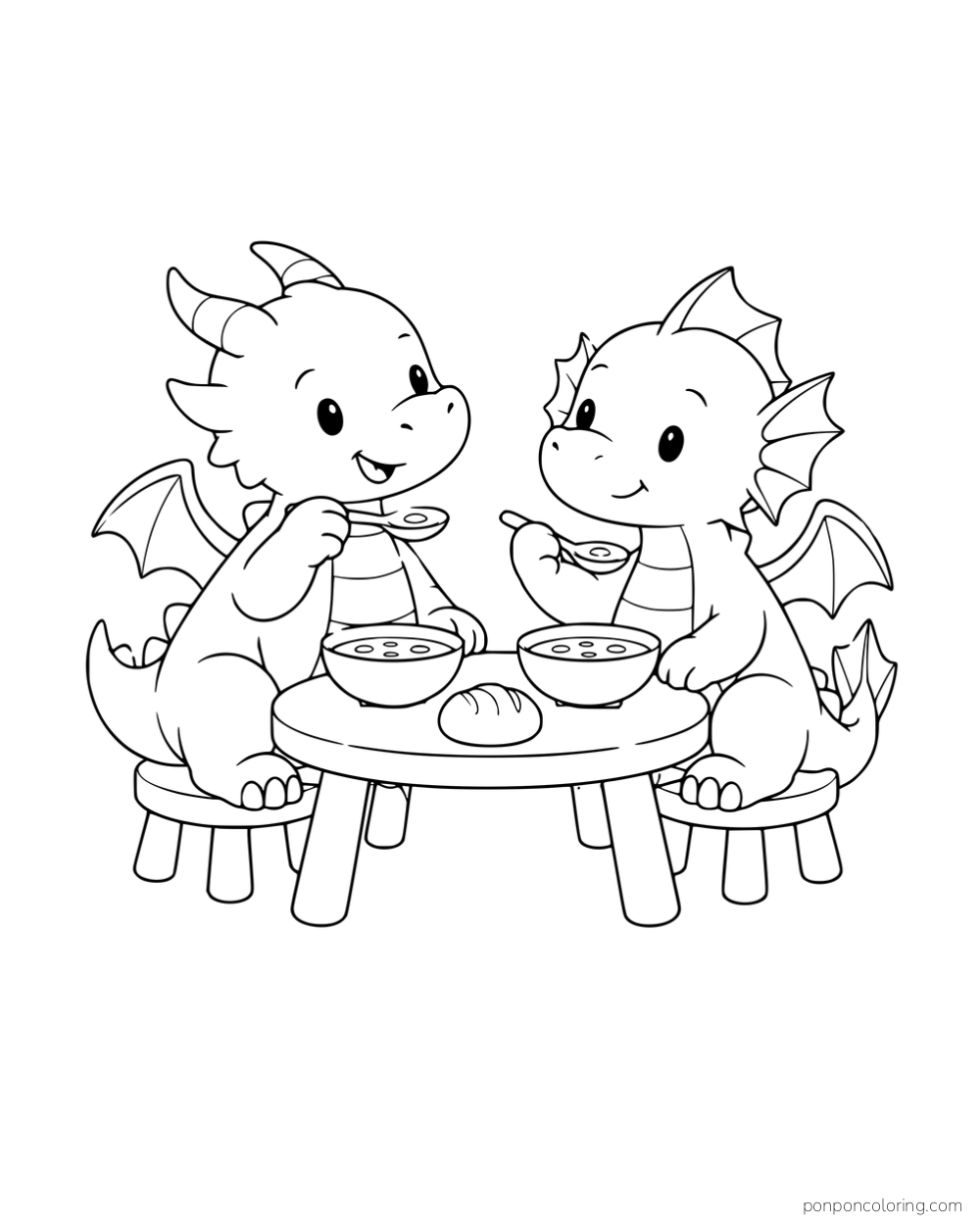 Two small dragons eating from bowls at a round table.
