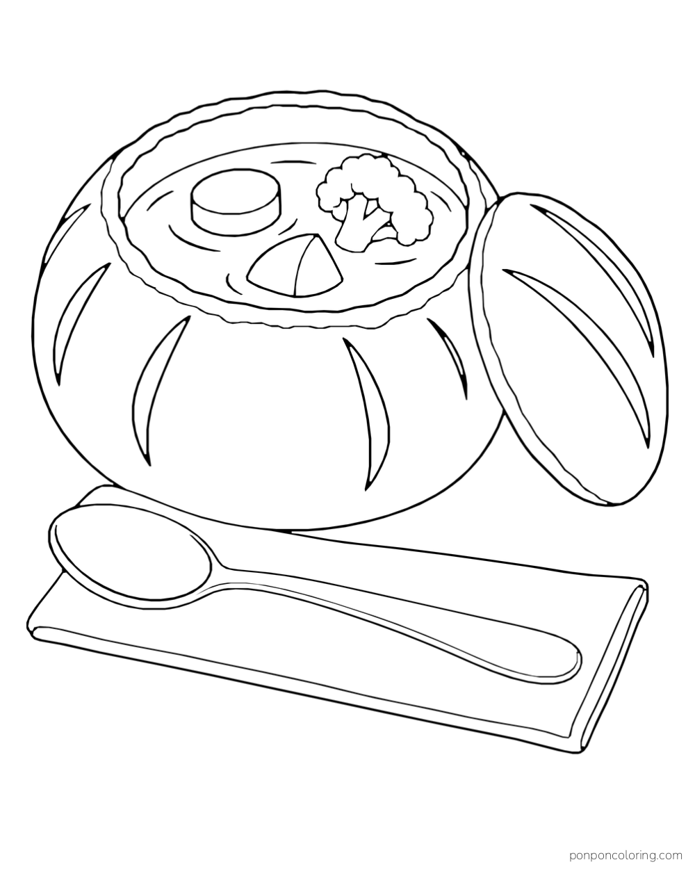 A round hollow bread bowl holds soup beside its cut bread lid and a spoon.