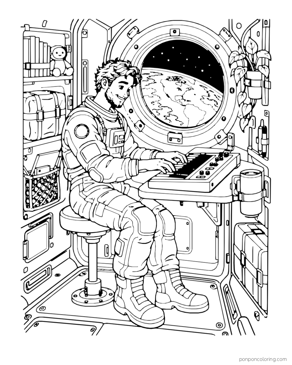 An astronaut plays a keyboard beside a round Earth-view window inside a space station.