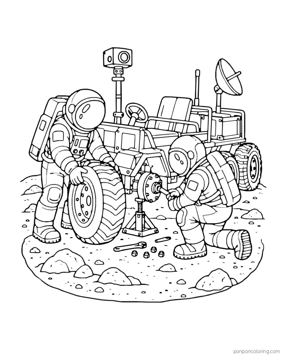Two astronauts work on a rover wheel beside a jack on rocky ground.