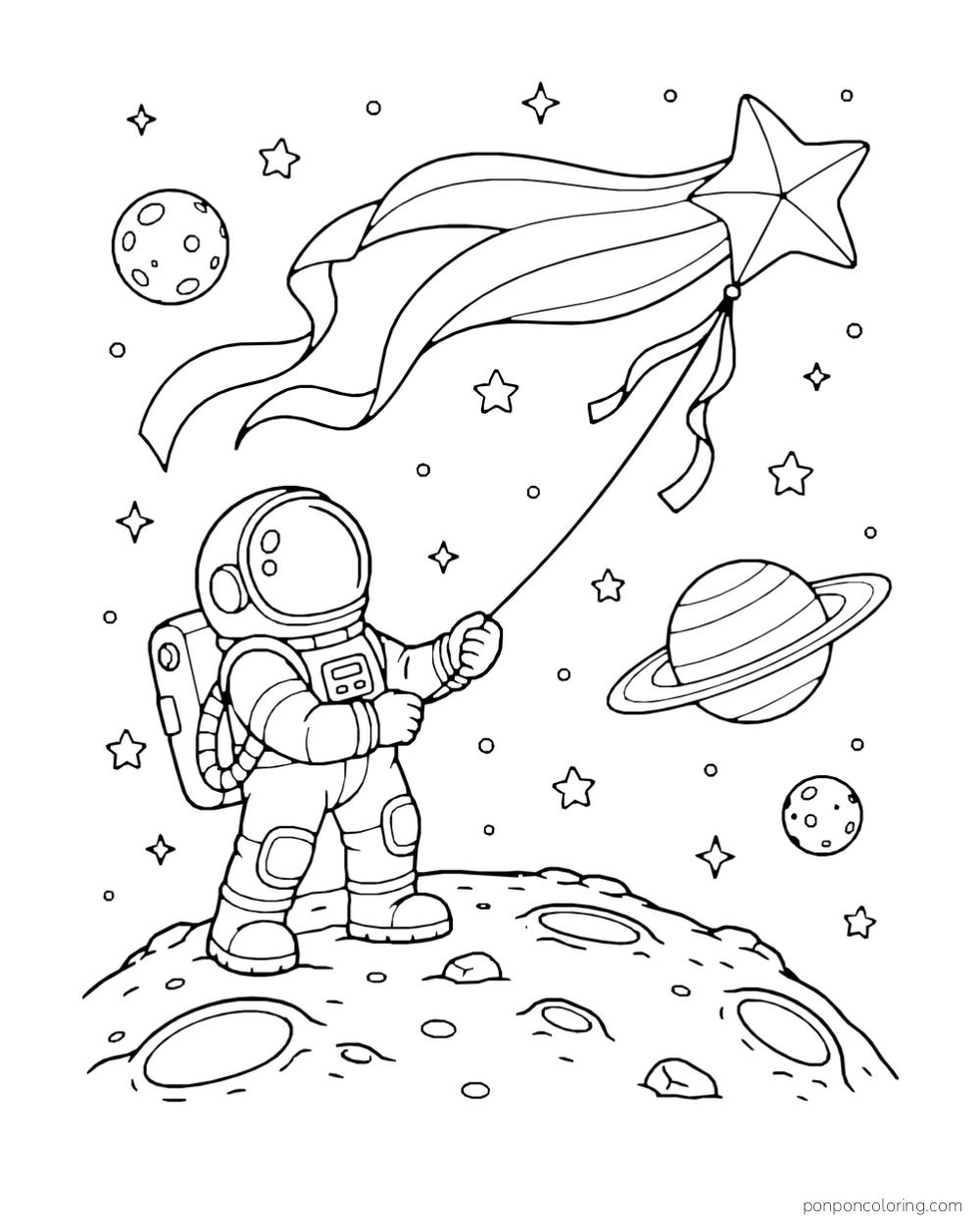 An astronaut flies a star-shaped comet kite above a moonlike landscape.