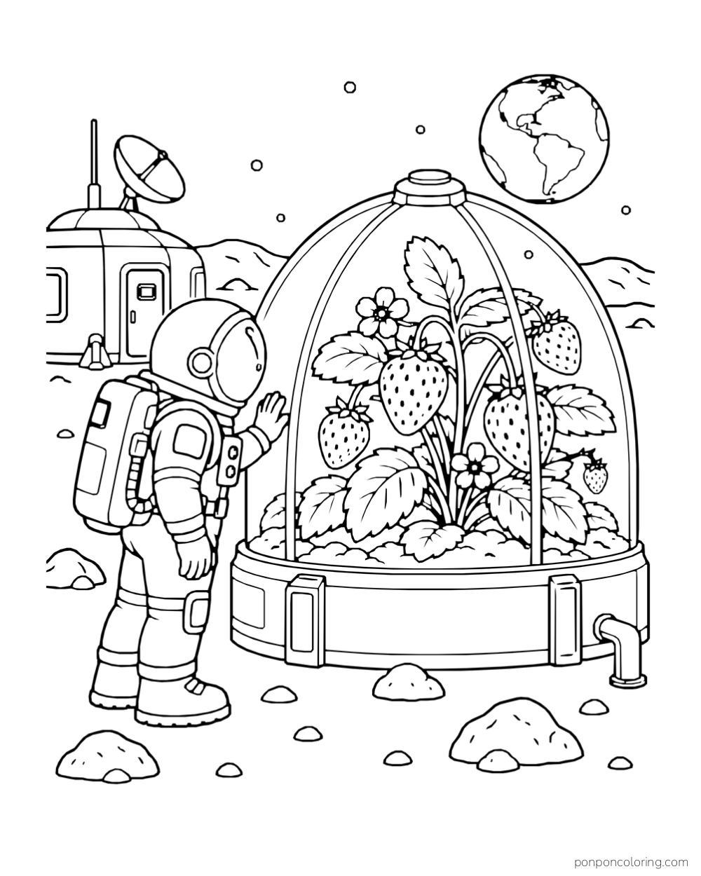 An astronaut looks at a strawberry plant growing inside a glass dome.