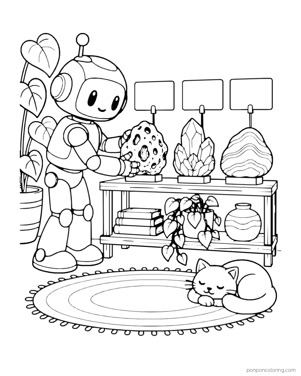 A robot displays three rocks on a shelf while a cat sleeps on a rug.