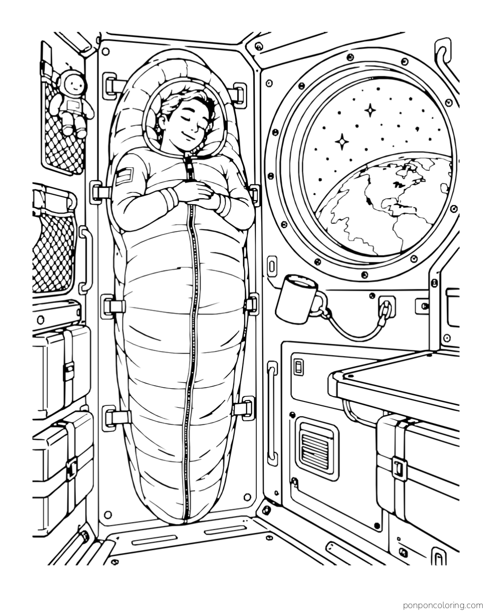 An astronaut sleeps in a wall-mounted sleeping bag beside a round window and a tethered mug.
