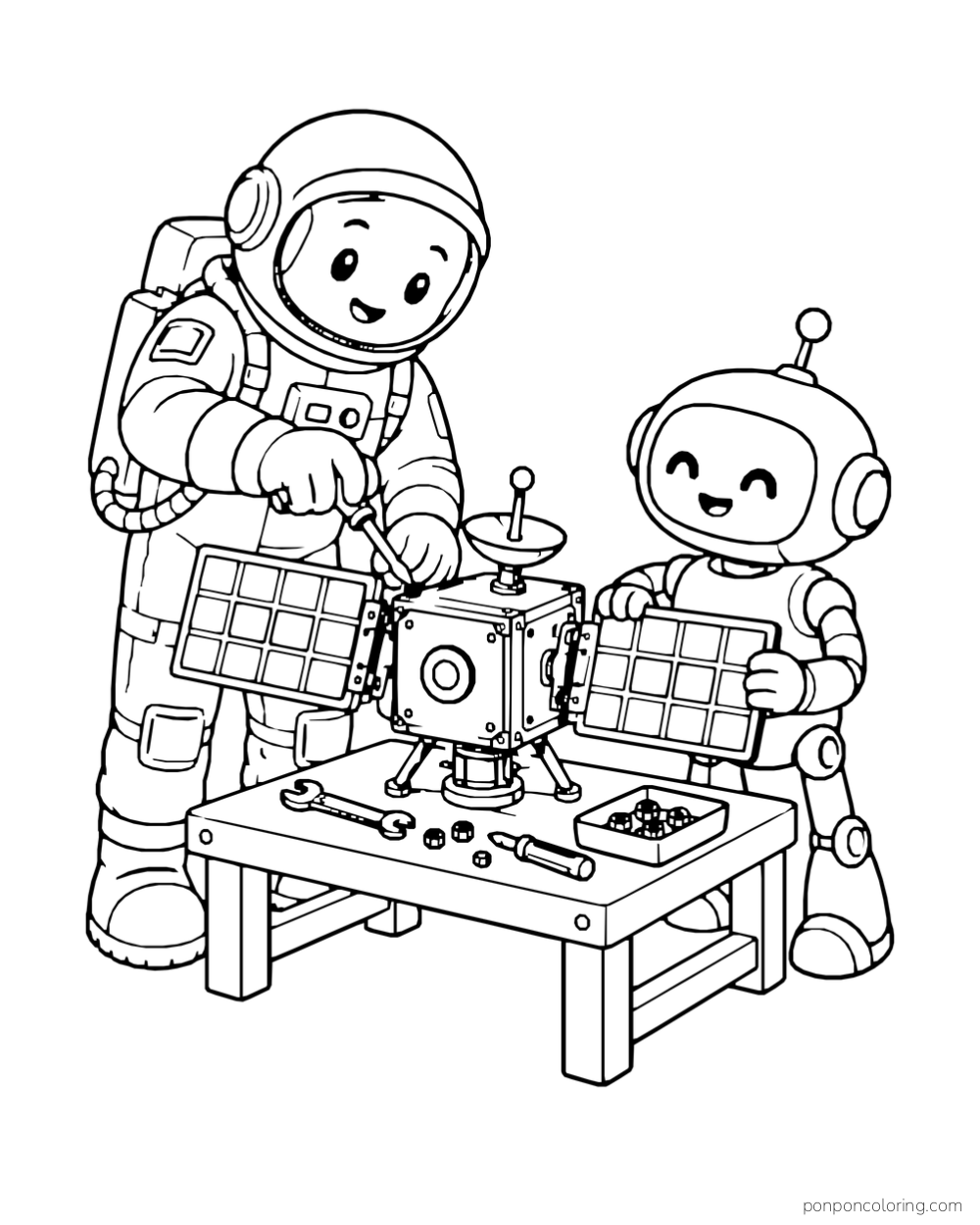 An astronaut and a robot work on a satellite with two solar panels at a small bench.