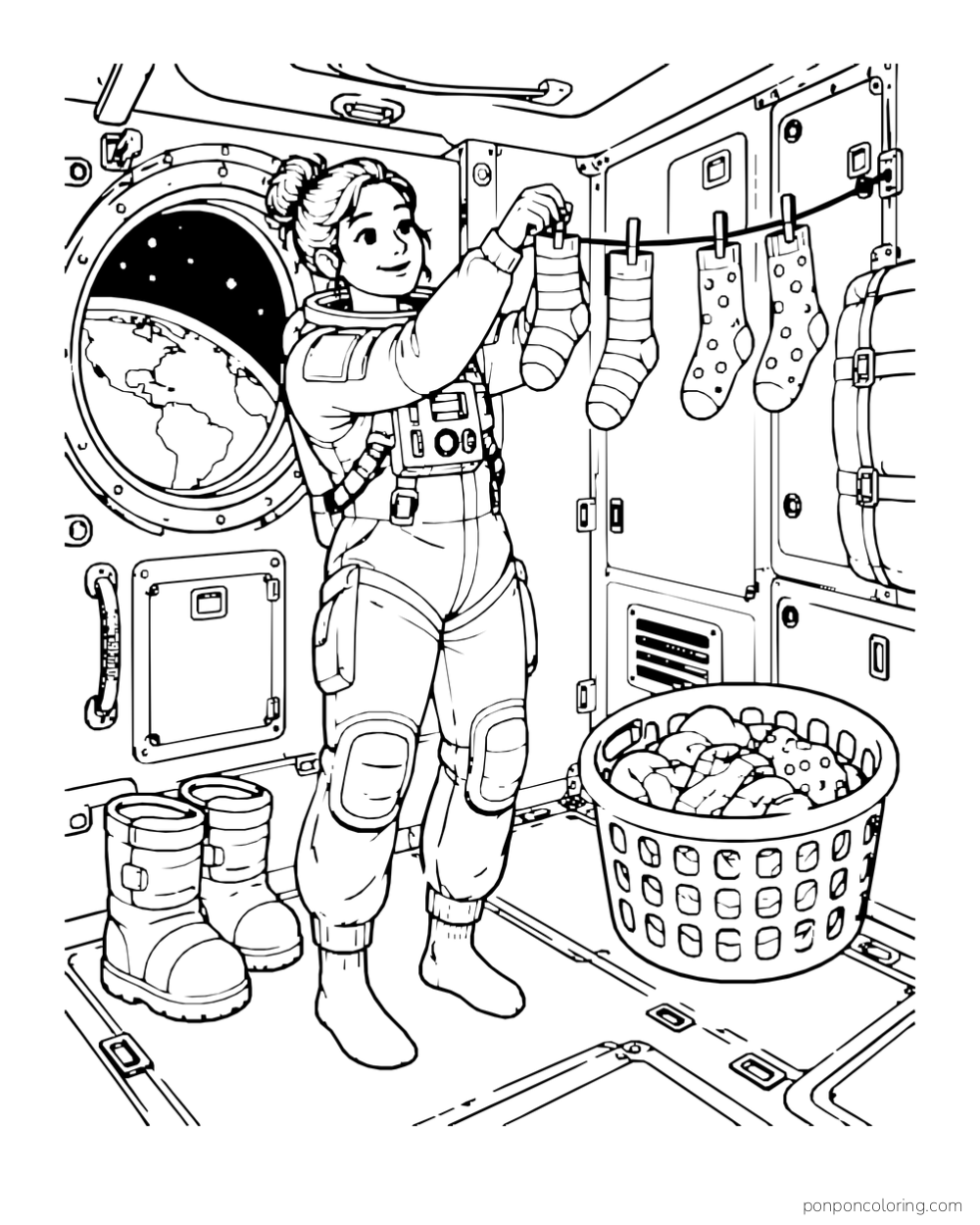 An astronaut hangs socks inside a cabin beside a laundry basket and a pair of boots.