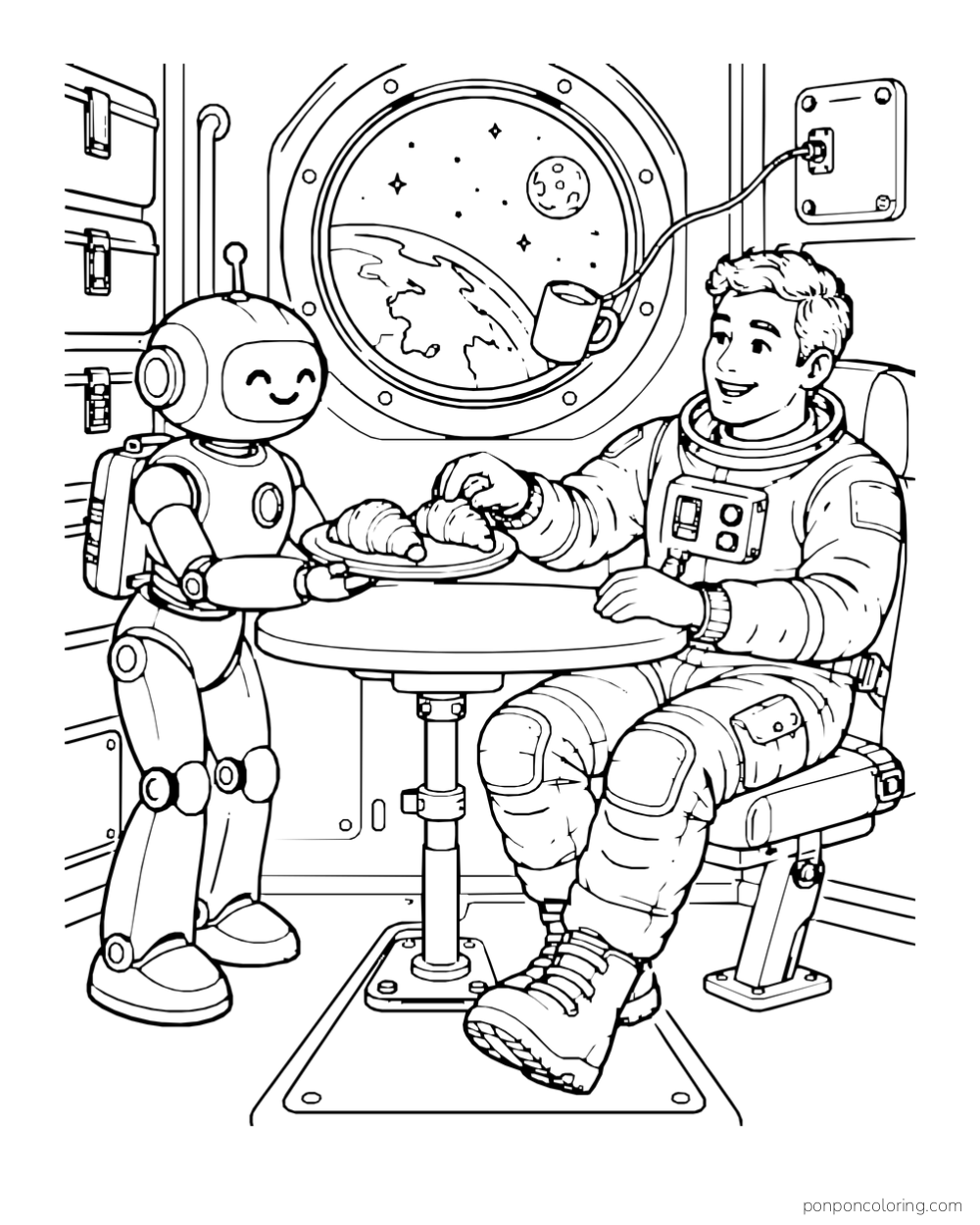 A robot offers bread rolls to an astronaut seated at a round table.