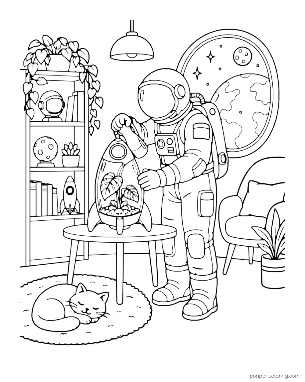 An astronaut tends a rocket-shaped terrarium while a cat sleeps beside the table.