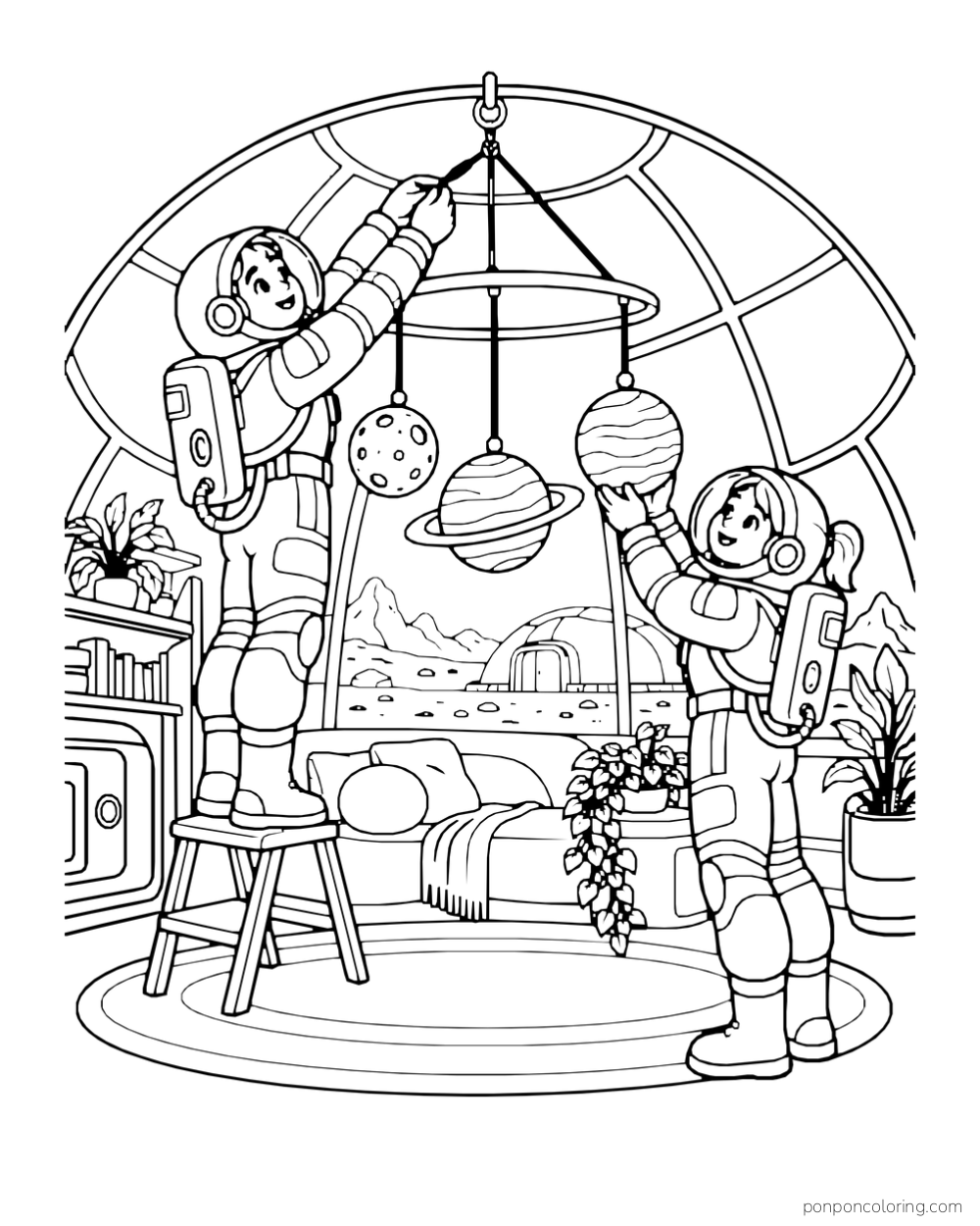 Two astronauts hang a planet mobile in a domed room, with one standing on a stool.