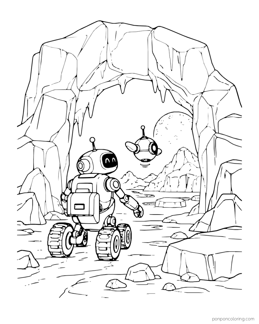 A wheeled robot and a floating probe explore an icy archway.