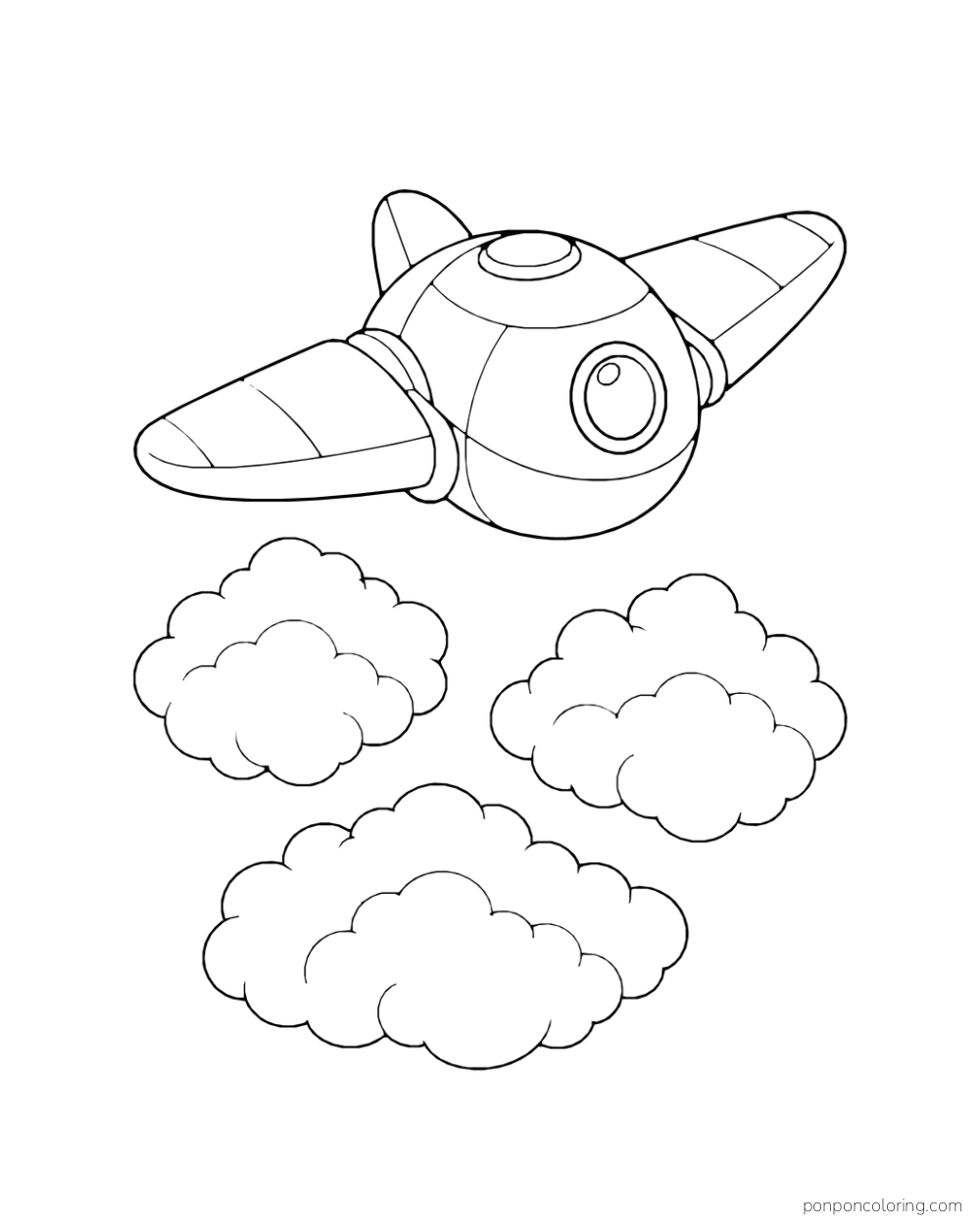 A rounded spacecraft flies above three soft cloud shapes.