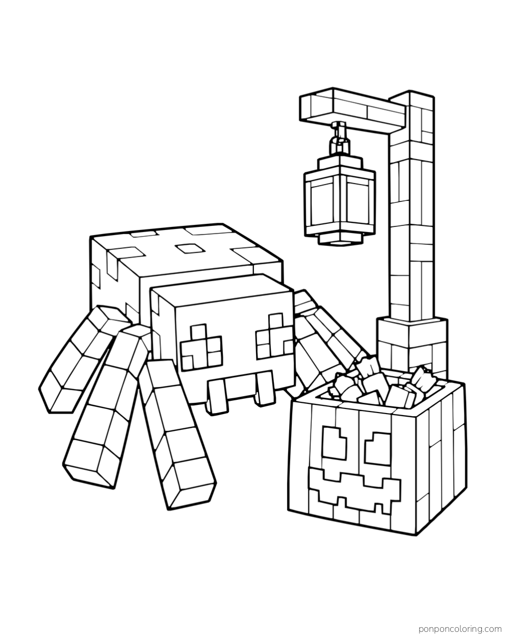 A blocky spider stands beside a pumpkin basket and a hanging lantern.