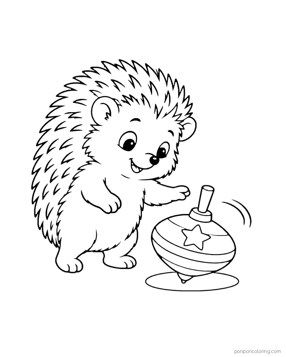 A hedgehog watches a large striped spinning top marked with one star.