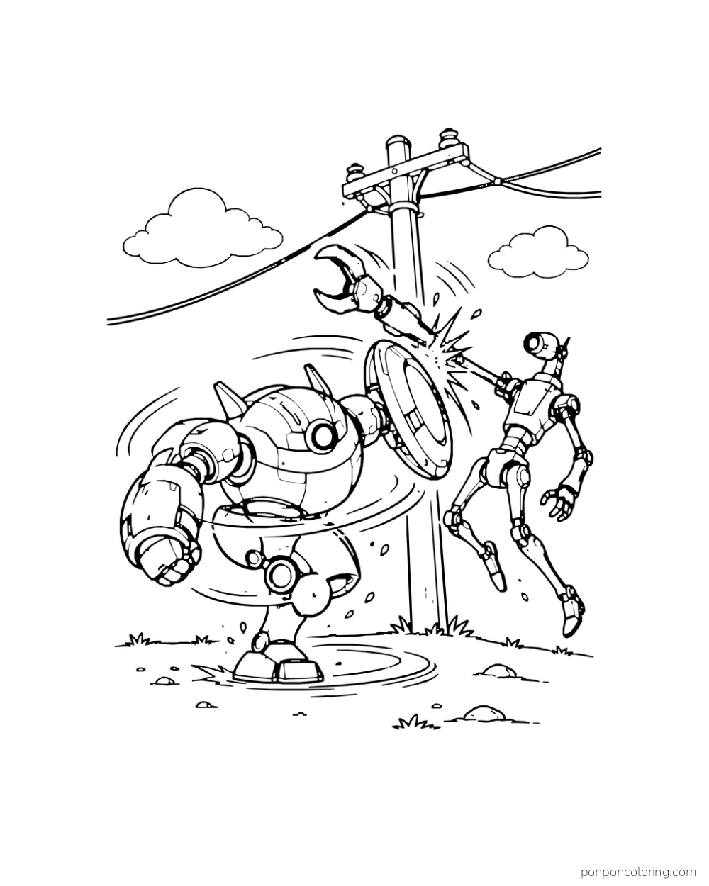 A spinning defense mech knocks a rogue claw arm away from a power pole.