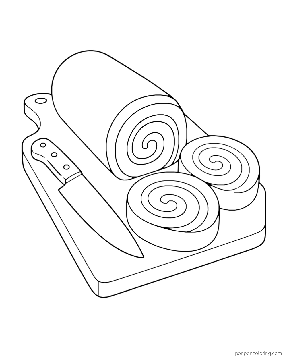 A roll of spiral cookie dough and two cut slices sit beside a knife on a board.