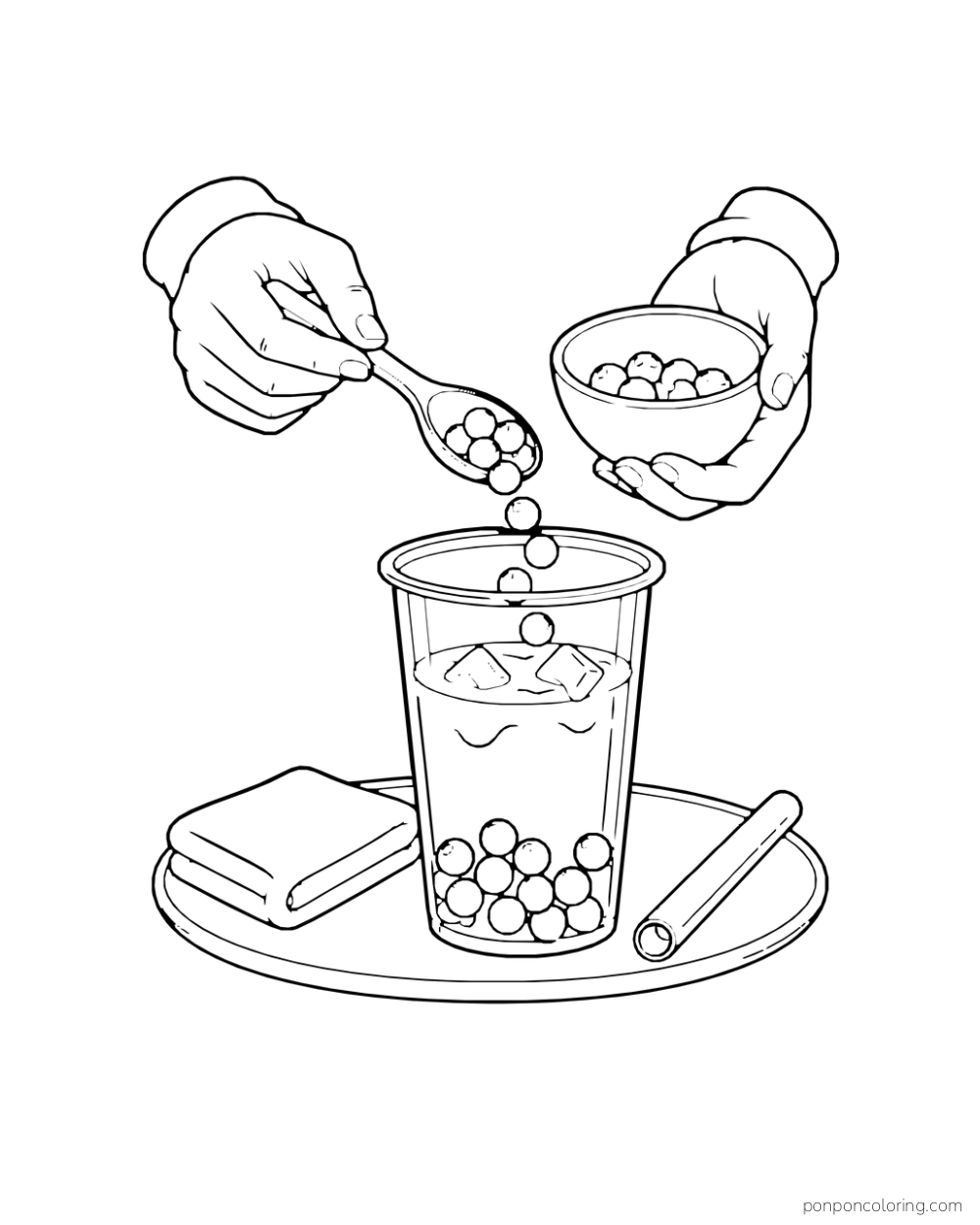 Two hands tip pearls from a spoon and bowl into a boba cup on a tray.
