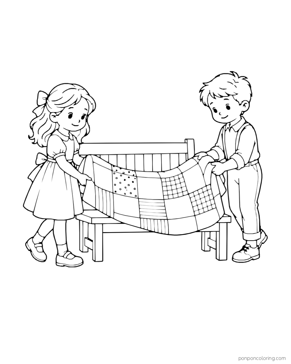 Two children spread a patchwork quilt over a wooden bench.