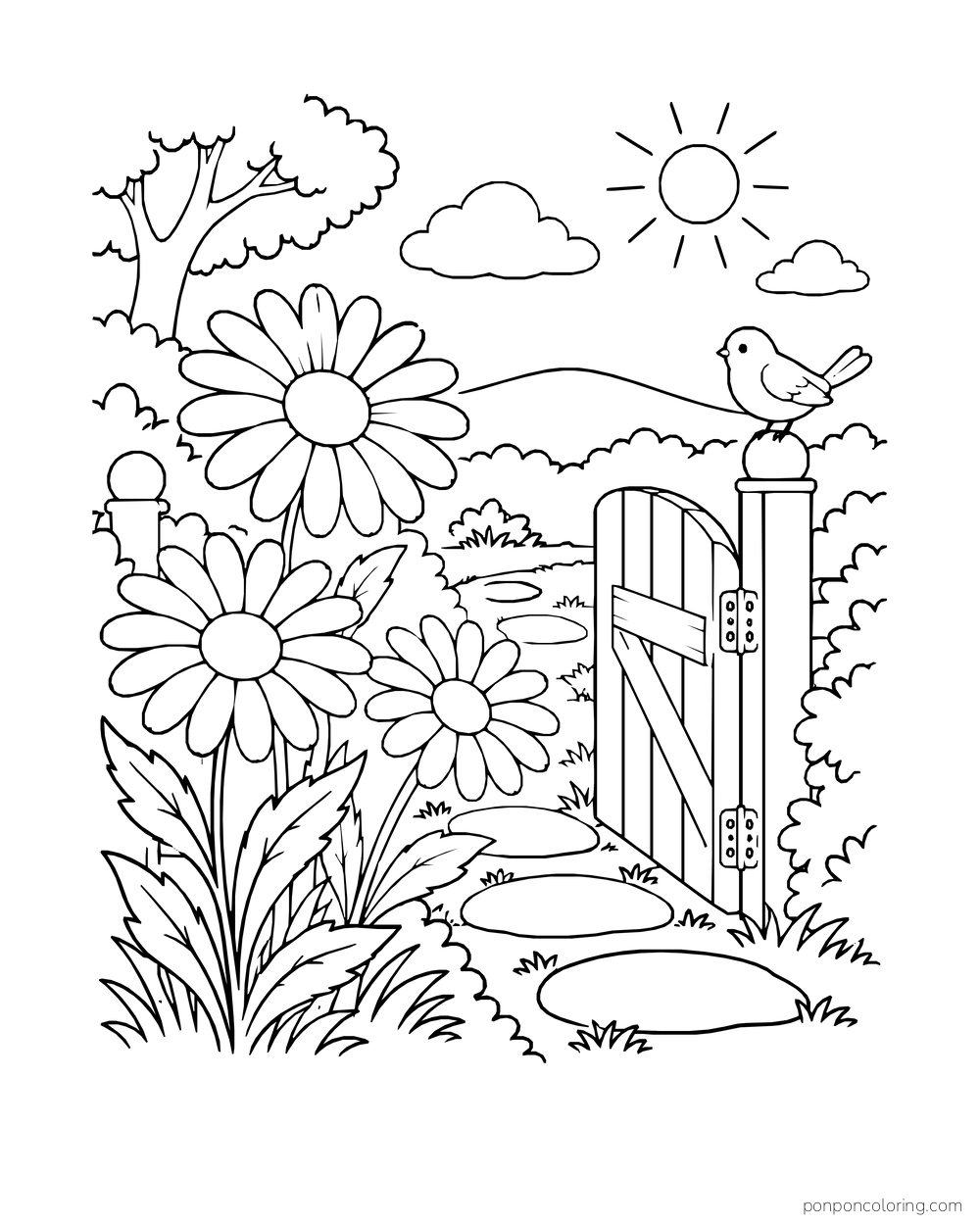 Three daisies grow beside an open garden gate and a short stepping-stone path.