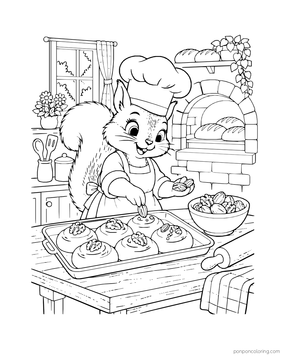 A squirrel baker adds nut pieces to a tray of sweet buns.