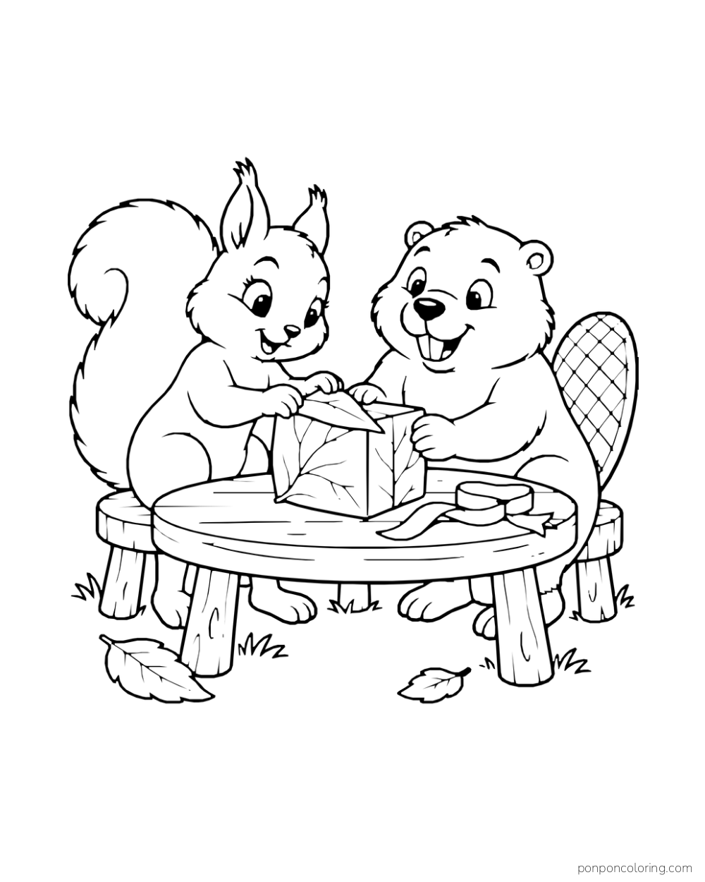 A squirrel and beaver fold a broad leaf around a small gift at a low table.