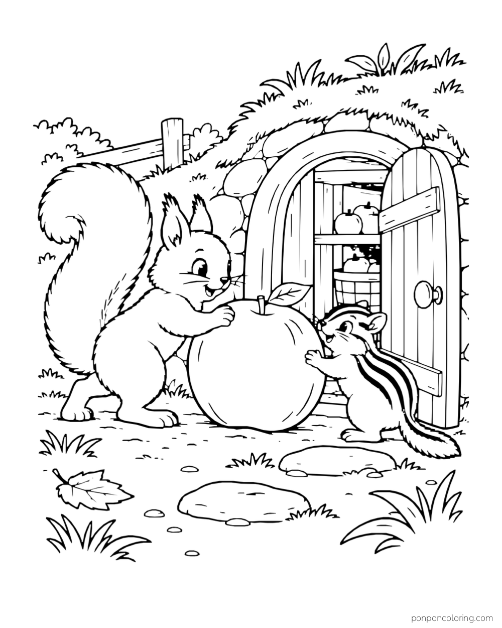 A squirrel and a striped chipmunk roll a large apple toward an open cellar doorway.