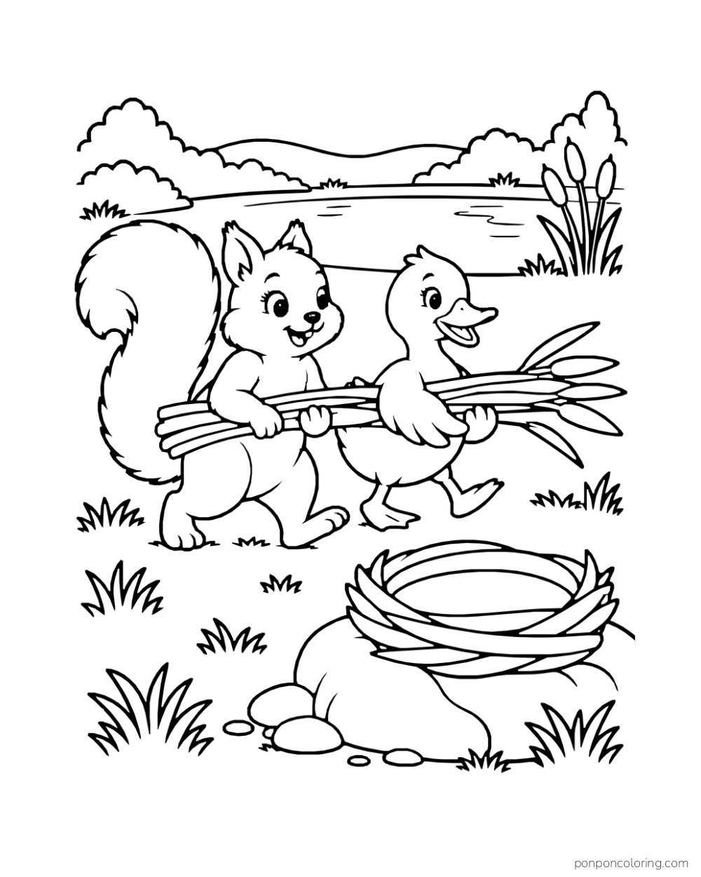 A squirrel and duck carry a bundle of reeds toward a round nest near the water.