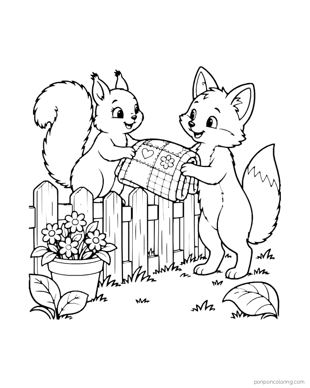 A squirrel and fox hold a folded quilt across a low garden fence.