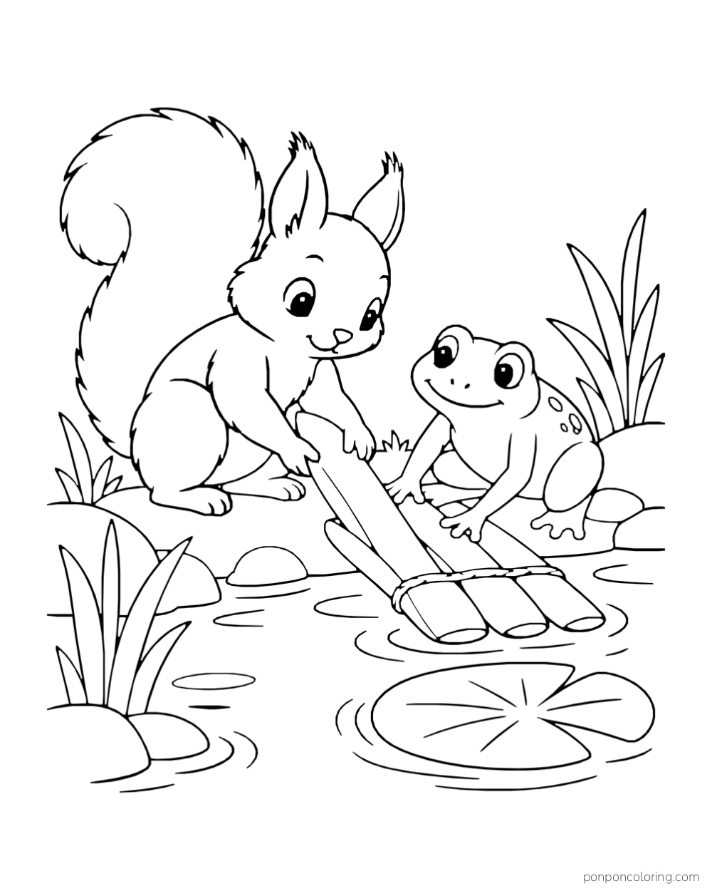 A squirrel and frog stand by a small reed raft at the edge of a pond.