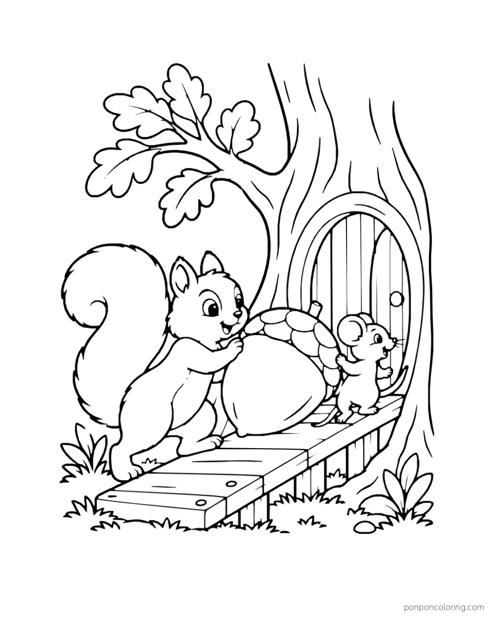 A squirrel pushes a large acorn along a short ramp while a mouse guides it near a tree doorway.