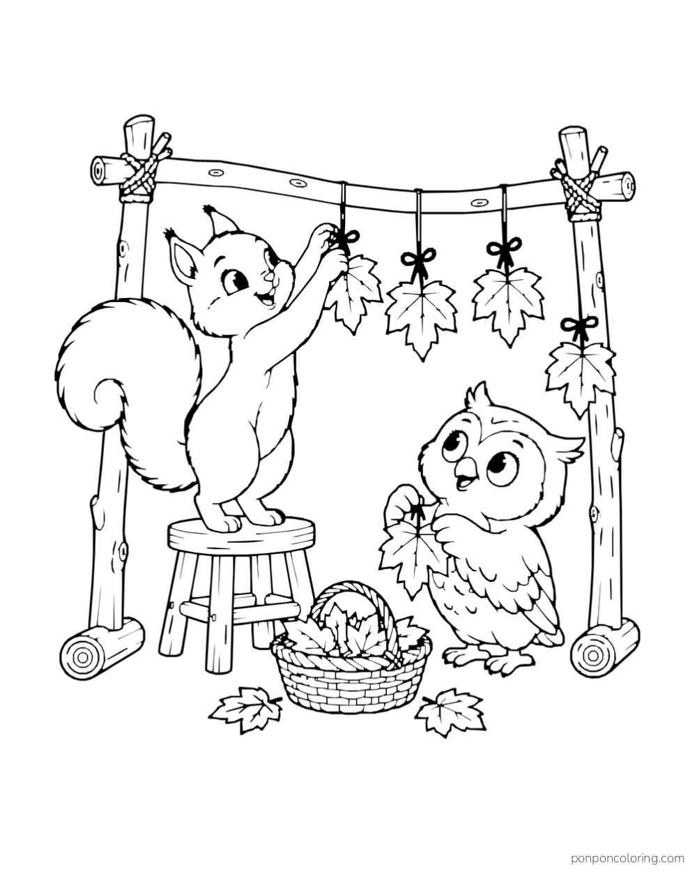 A squirrel and owl hang maple-leaf ornaments on a freestanding wooden frame.
