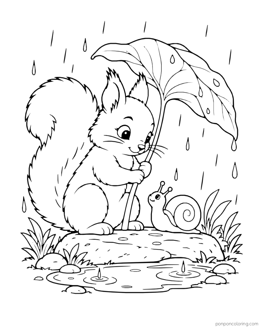 A squirrel holds a broad leaf over a snail beside a puddle during a rain shower.