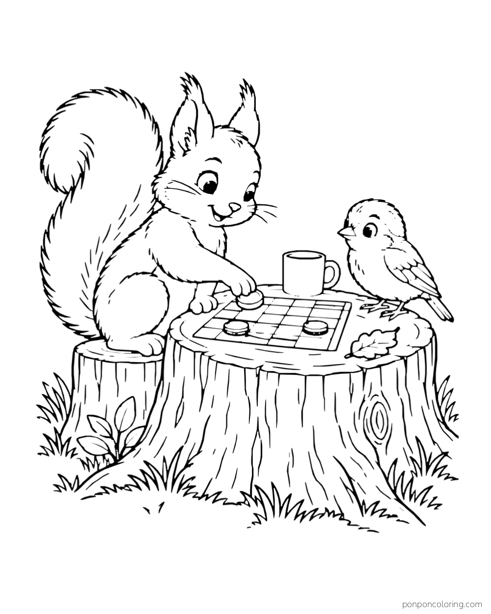 A squirrel moves a checker on a board atop a tree stump while a sparrow watches.