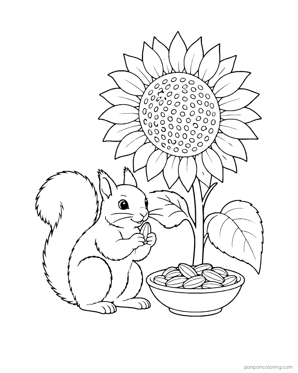 A squirrel holding a sunflower seed beside a bowl of seeds and a tall flower.