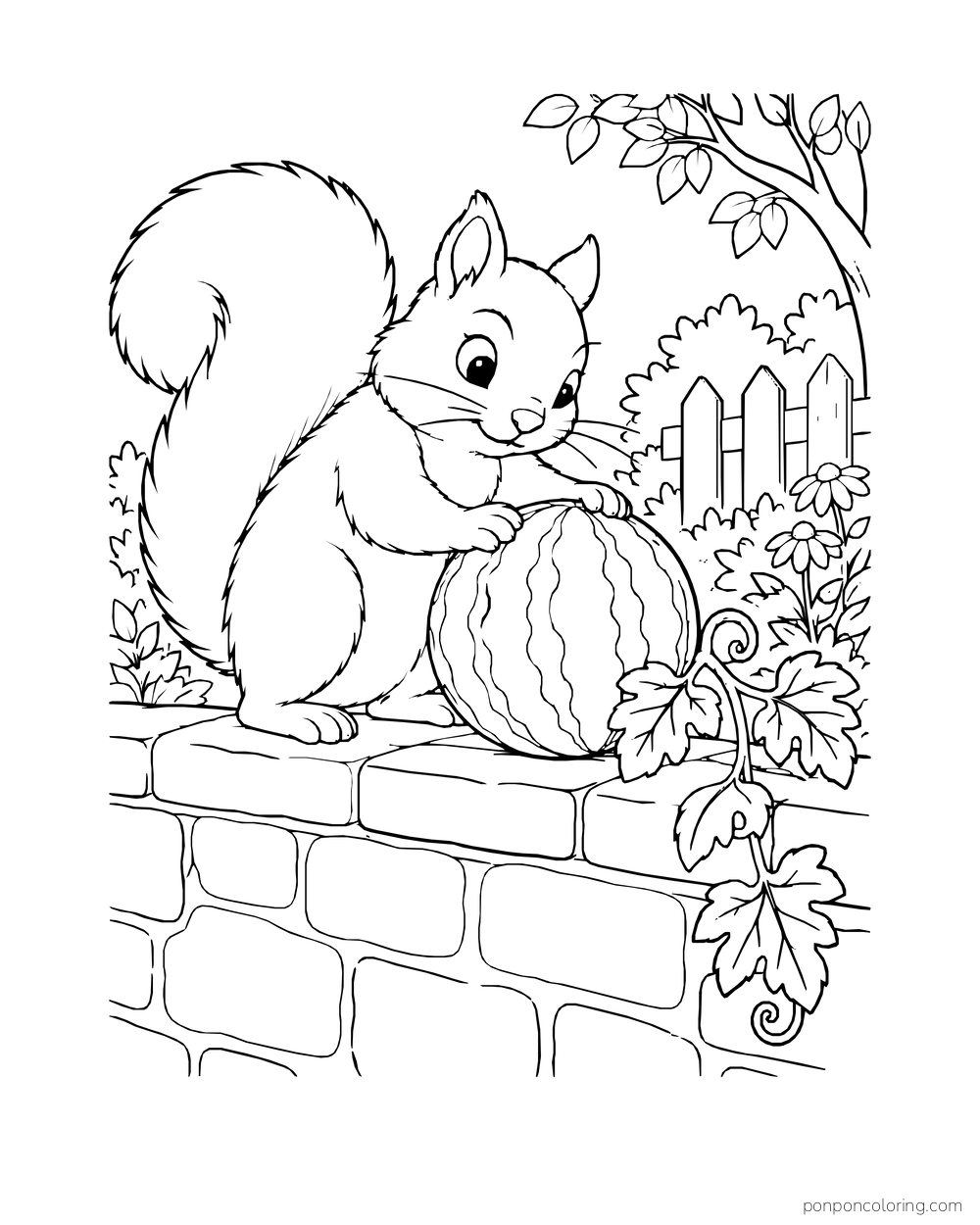 A squirrel steadying a whole watermelon on a low stone wall beside leafy vines.