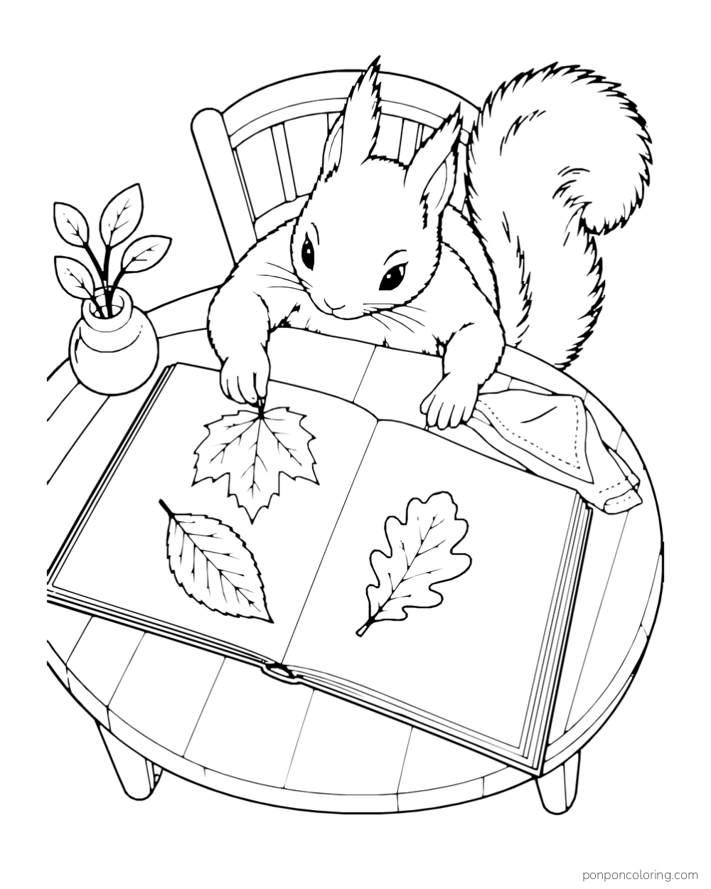 Seen from above, a squirrel places leaves inside an open album on a round table.
