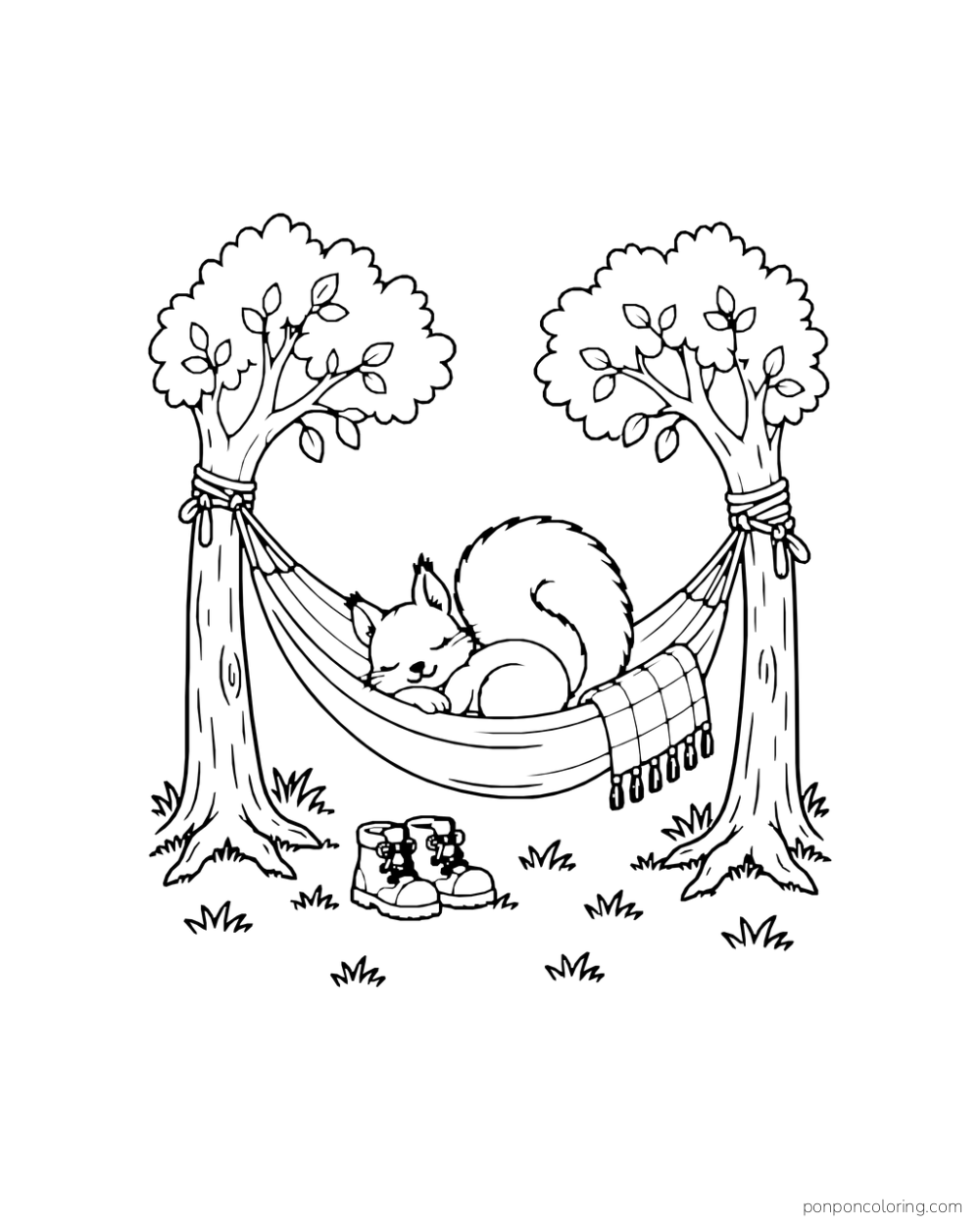 A squirrel naps in a hammock tied between two trees, with small boots below.