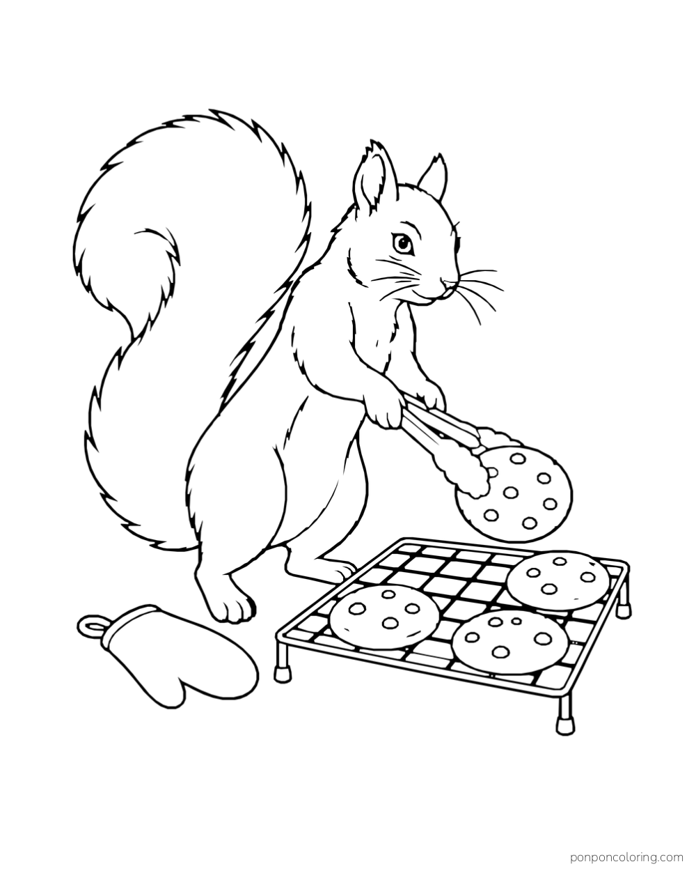 A squirrel uses tongs to lift a round cookie from a cooling rack.