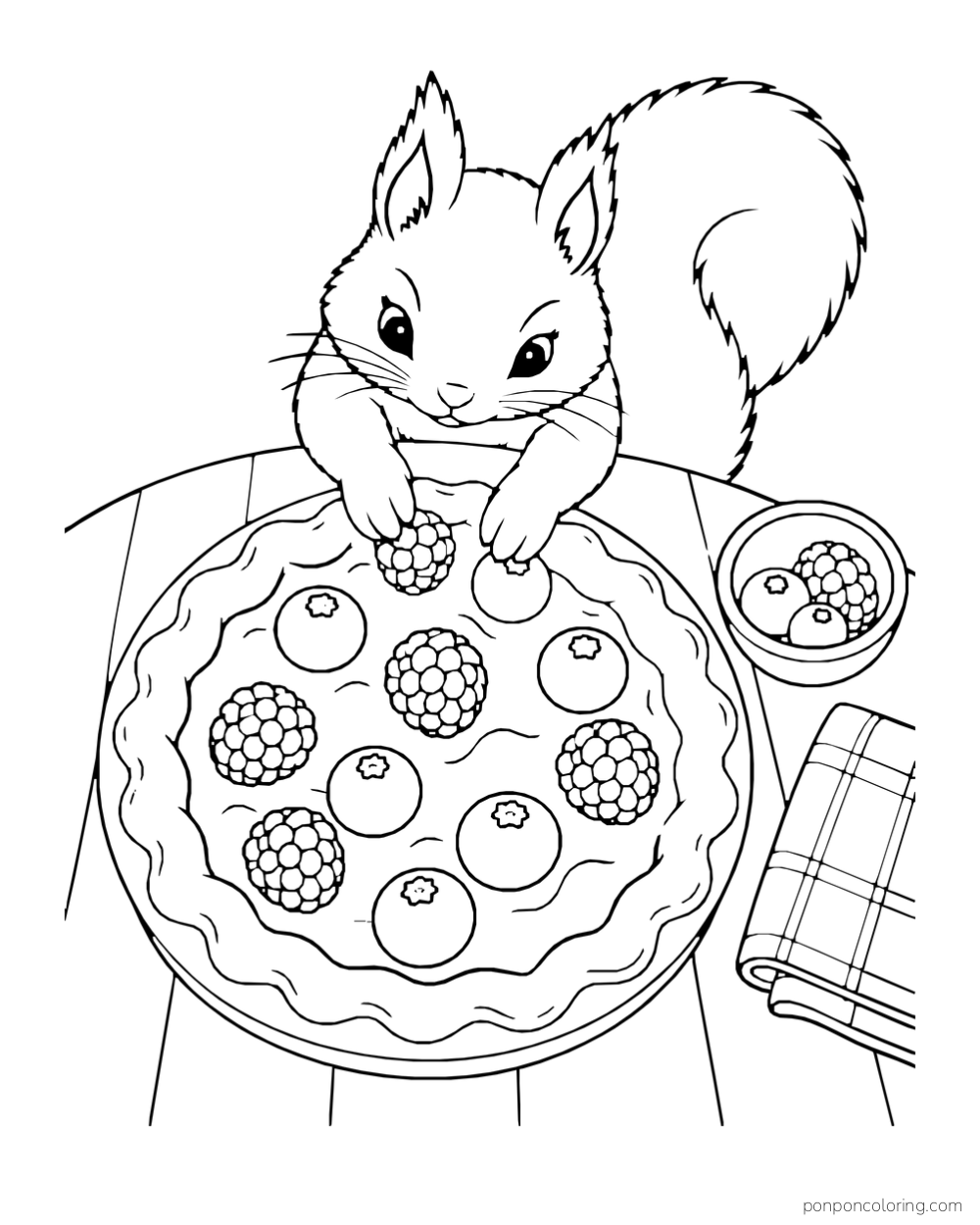 An overhead view of a squirrel beside a berry pie and simple baking tools.
