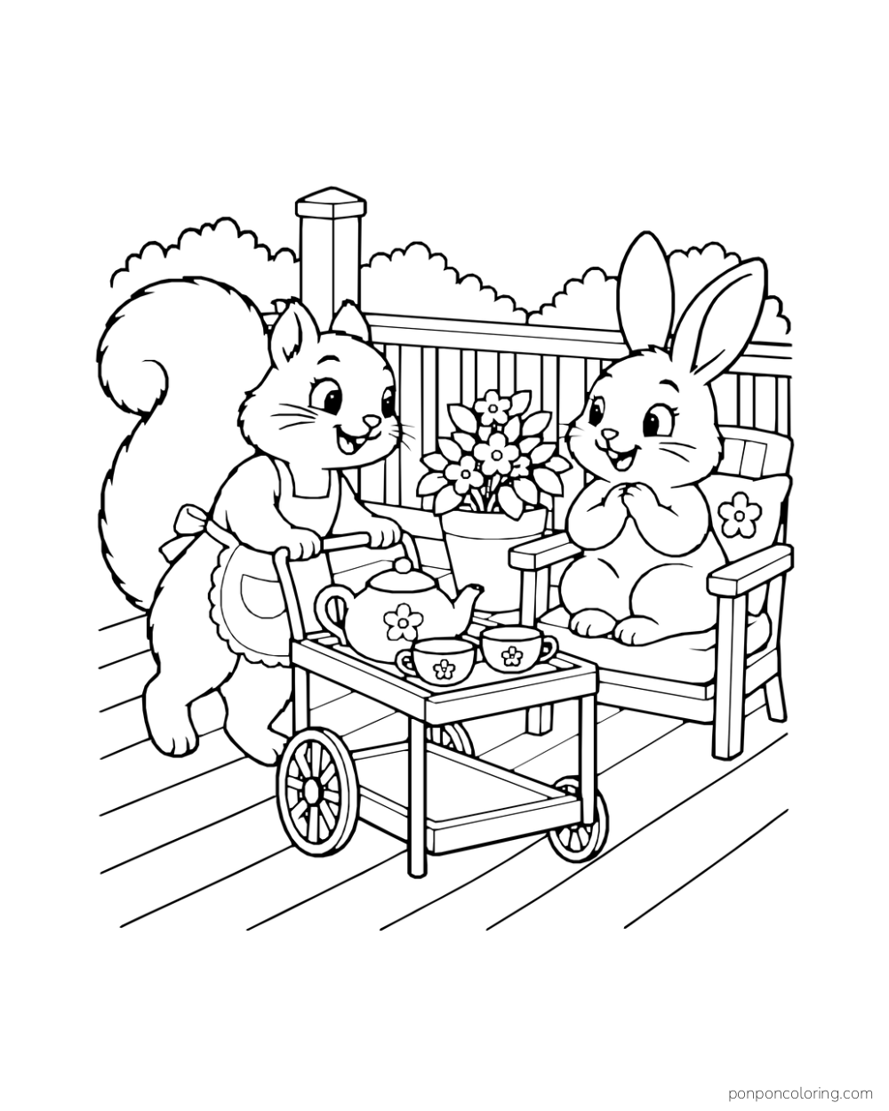 A squirrel pushes a tea cart with a teapot and cups toward a rabbit on a porch.