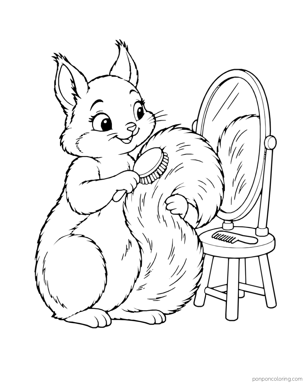 A squirrel brushes its bushy tail beside a small oval mirror.