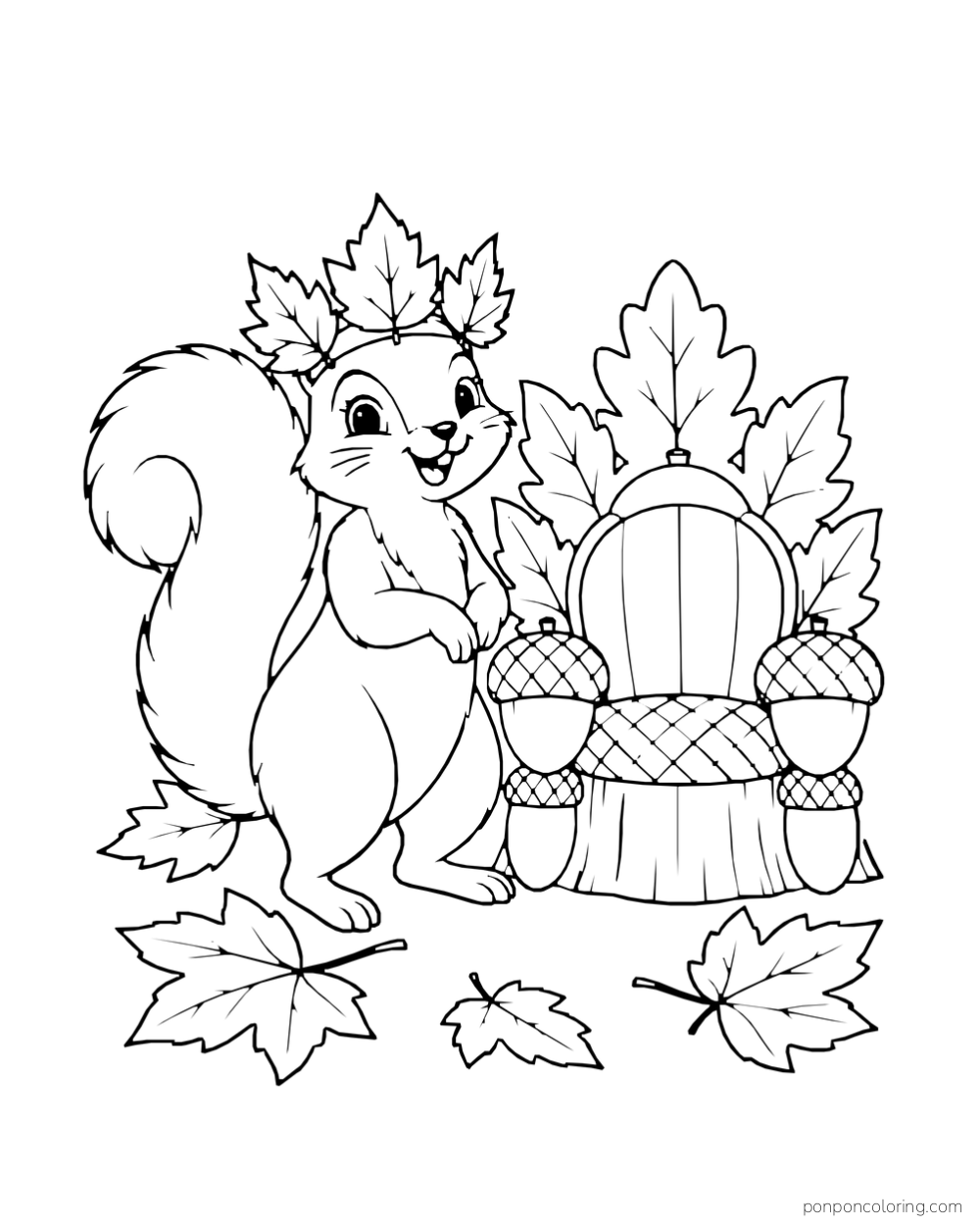 A squirrel wearing a leaf crown stands beside a small throne decorated with acorns.