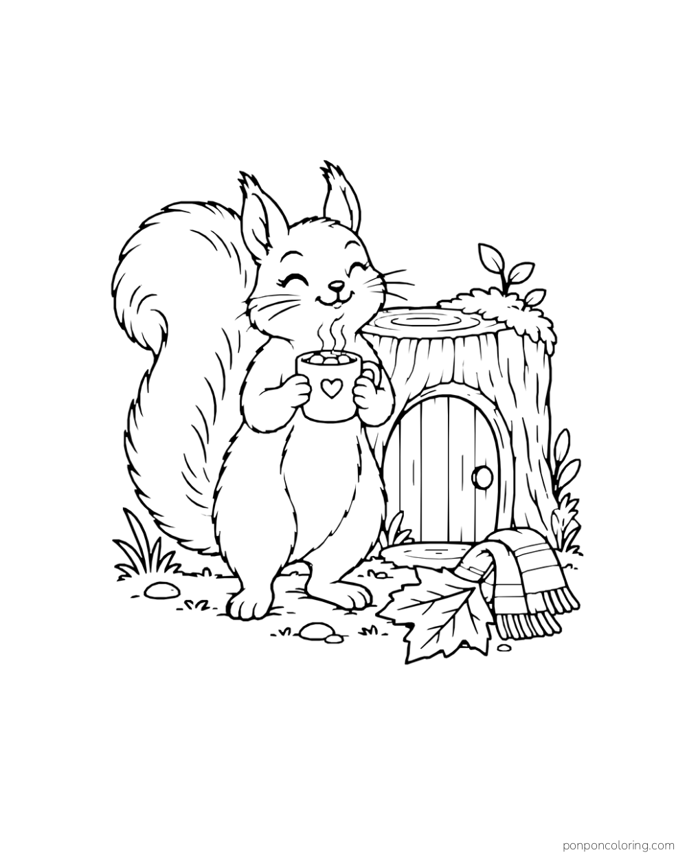 A squirrel holds a cocoa mug beside a round door in a tree stump with a scarf nearby.