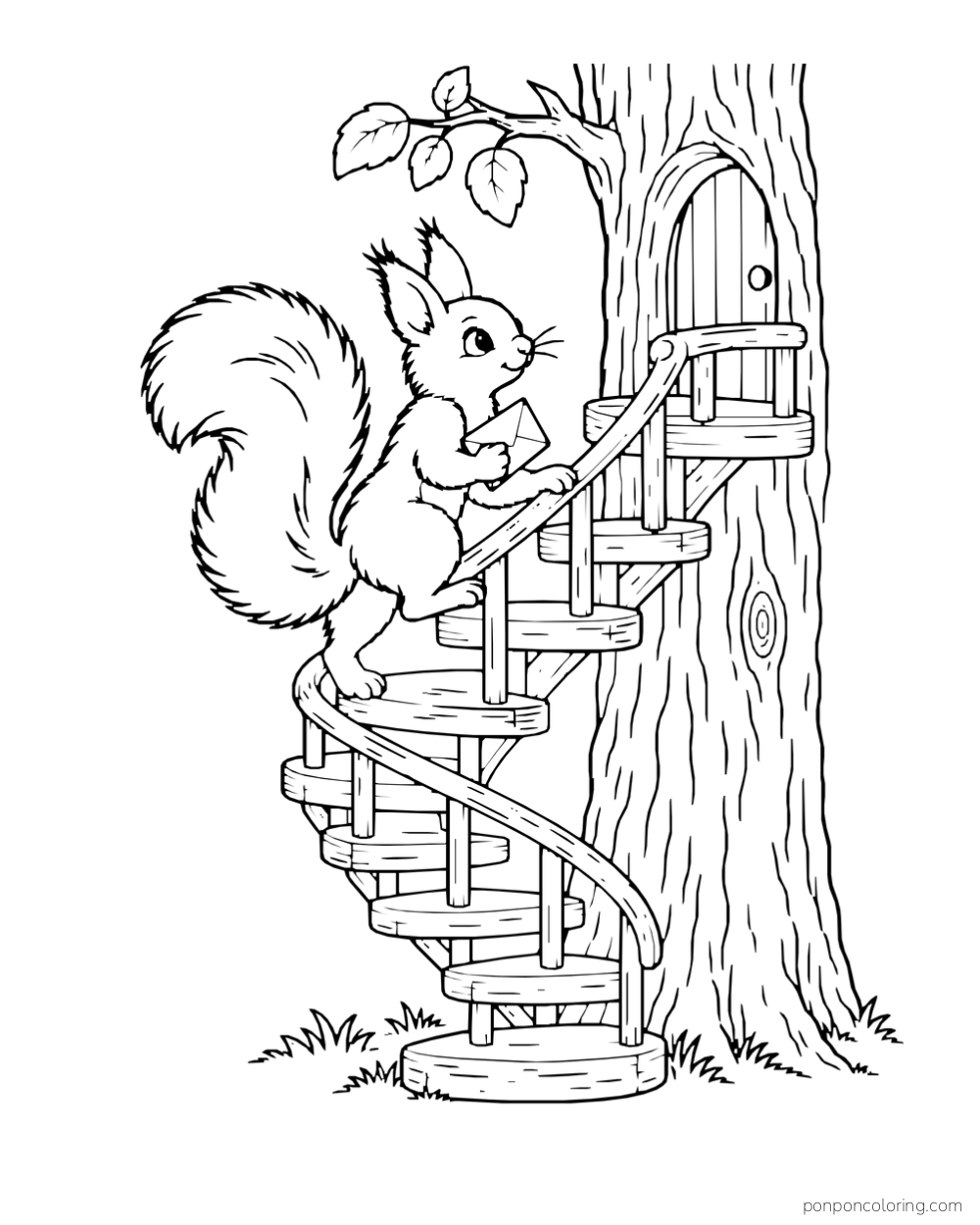A squirrel carries a folded letter up a spiral staircase around a tree trunk toward a small doorway.