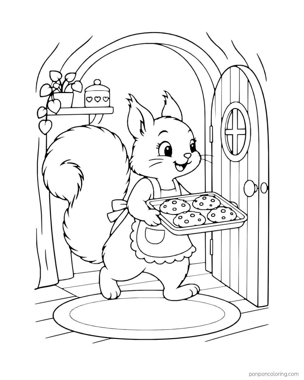 A squirrel carries a tray of cookies through the doorway of a cozy tree home.