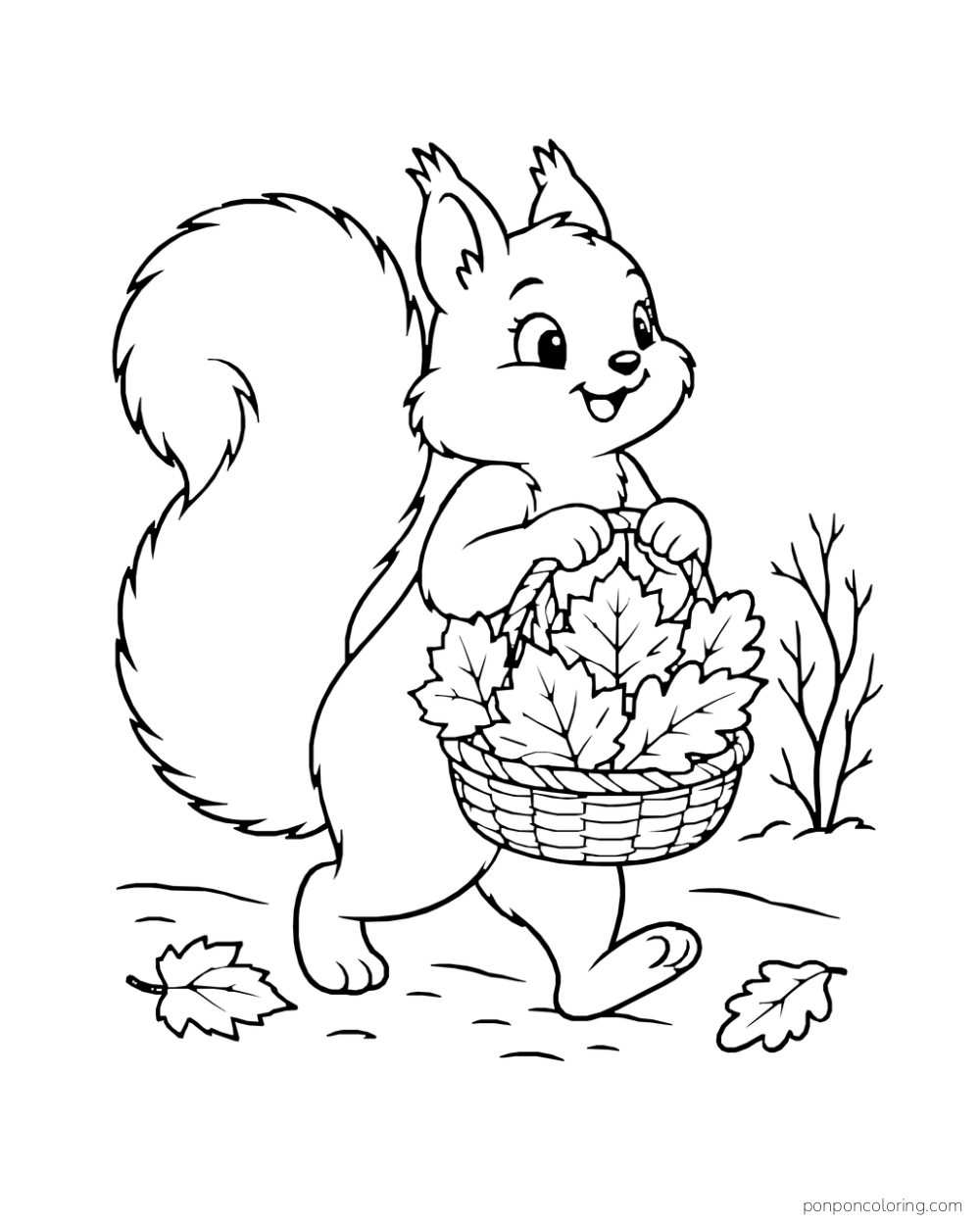 A squirrel carries a basket filled with large autumn leaves along a path.